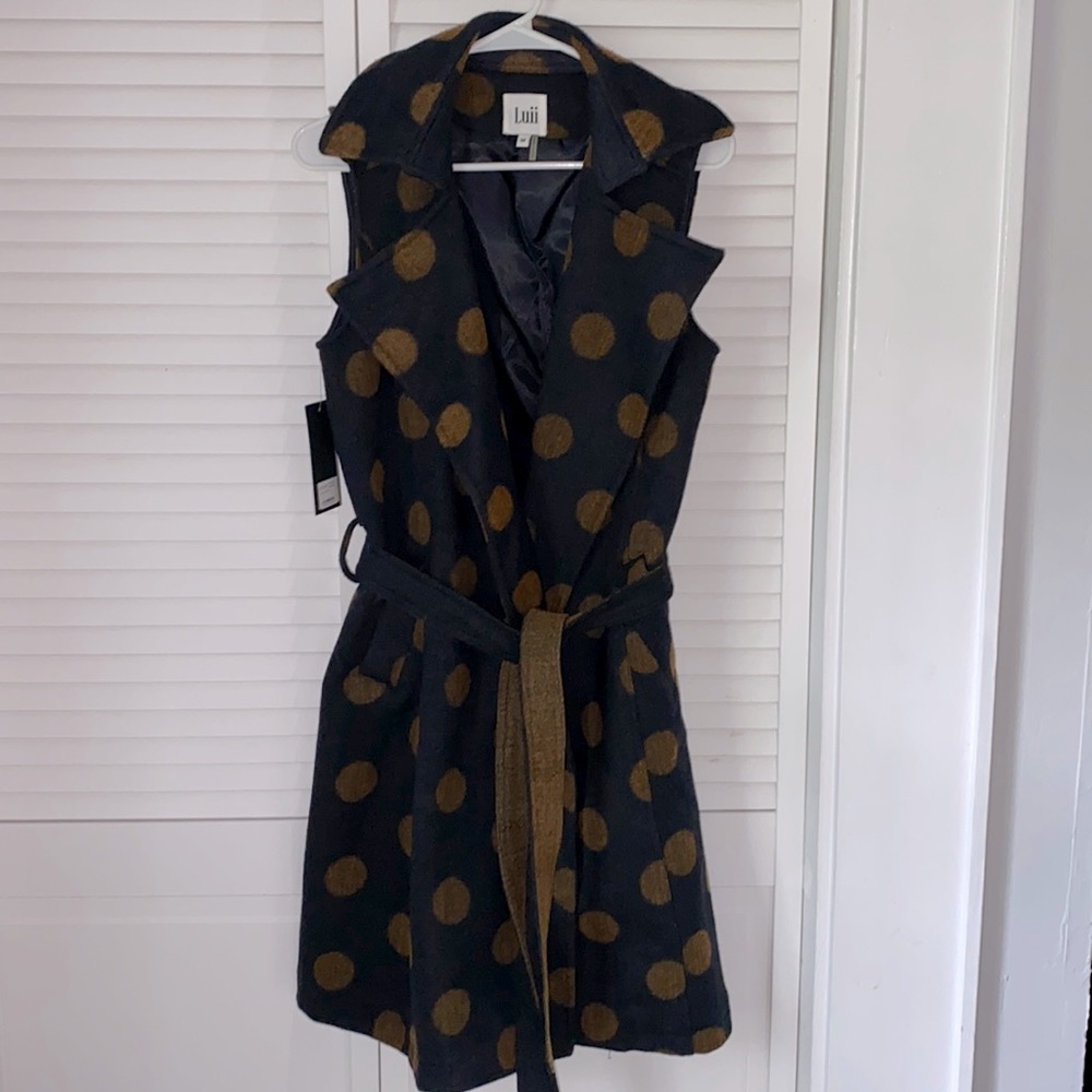 NWT Luii Navy Blue & Mustard Polka Dot Long Vest/Coat with Belt